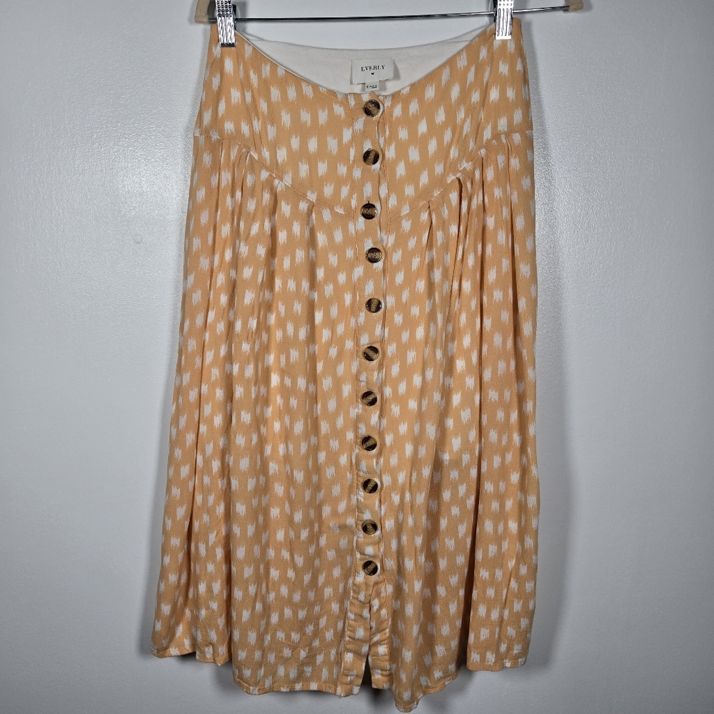 Everly Peach White Watercolor Spotted Button Front Gauze Midi Skirt Size Small